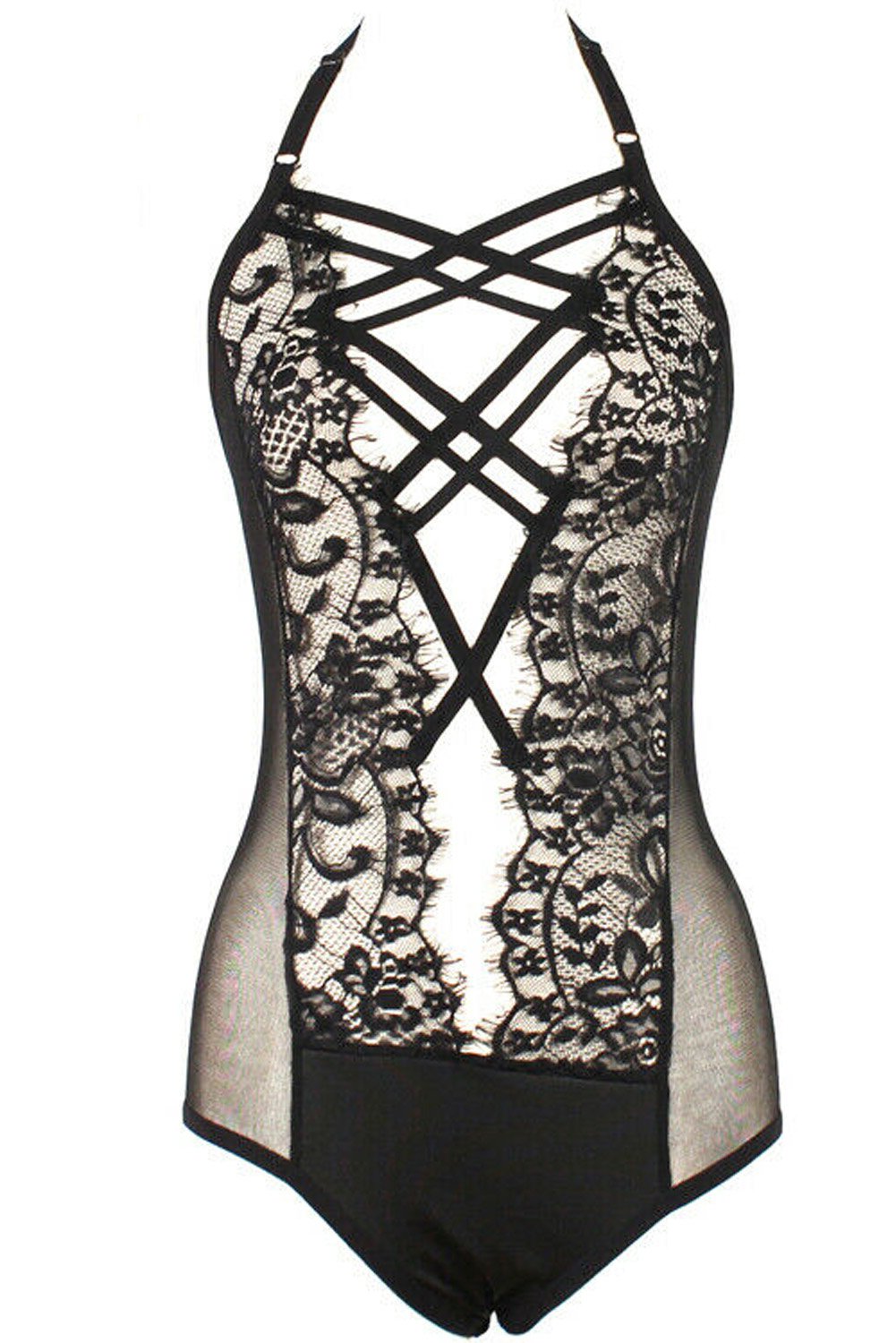 Black Strappy Lace Hollow Out Goth Teddy Lingerie