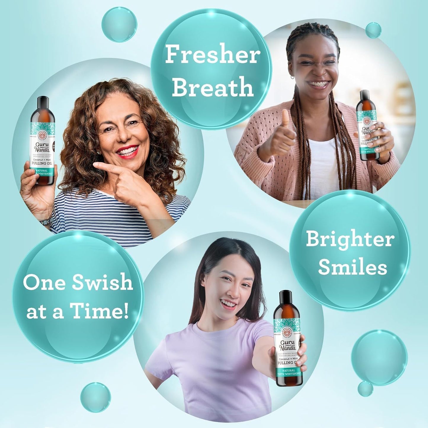 GuruNanda Coconut & Peppermint Oil Pulling With Tongue Scraper - Alcohol Free Mouthwash For Fresh Breath, White Teeth & Healthy Teeth & Gums