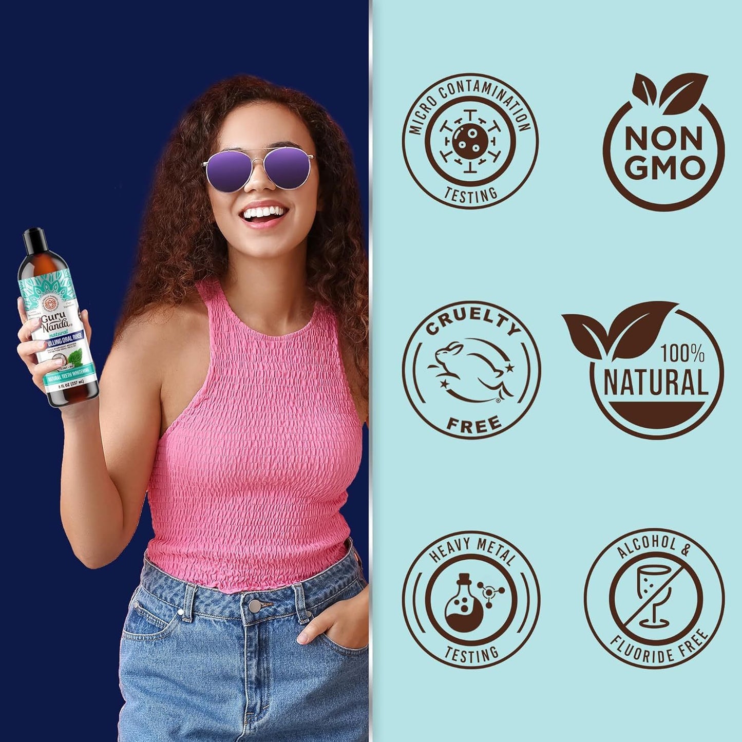 GuruNanda Coconut & Peppermint Oil Pulling With Tongue Scraper - Alcohol Free Mouthwash For Fresh Breath, White Teeth & Healthy Teeth & Gums