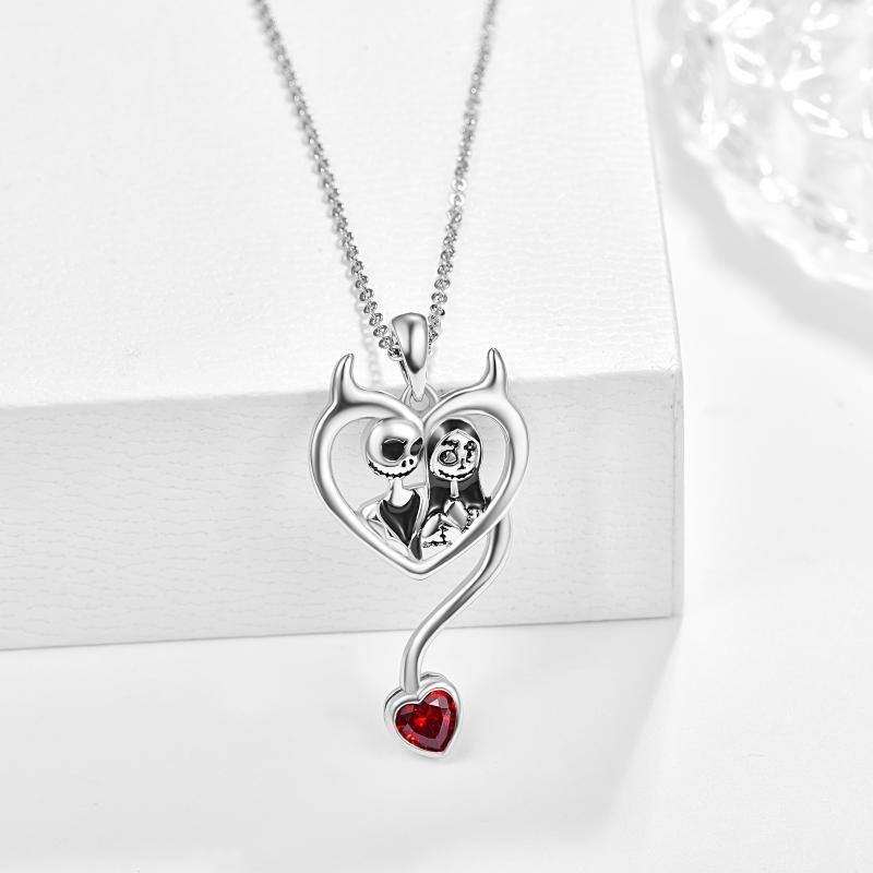 Nightmare Before Christmas Necklace Sterling Silver Jack Skellington & Sally Heart Pendant Necklace Devil Jewelry Gift for Women Men Couple