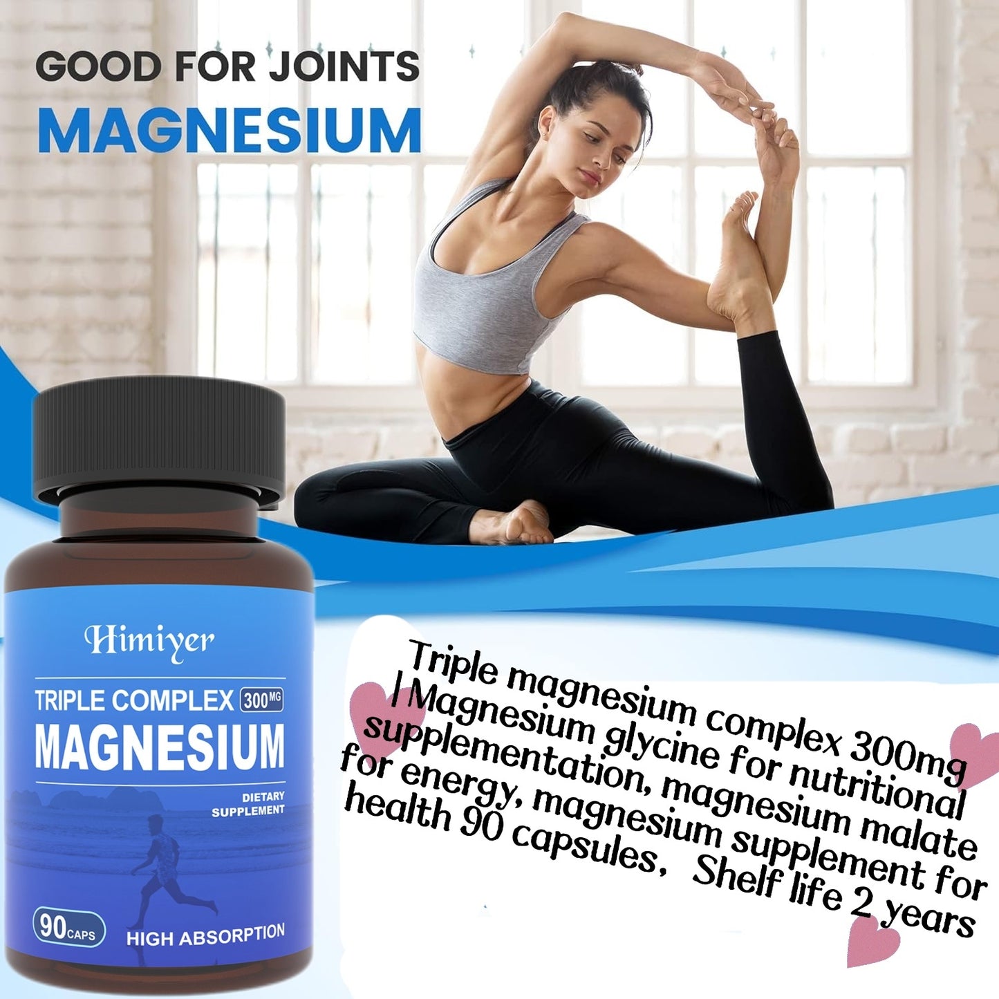 Triple Magnesium Complex 300mg Of Magnesium Glycinate, Malate, & Citrate For Muscles, Nerves, & Energy High Absorption Vegan, Non-GMO 90 Capsules