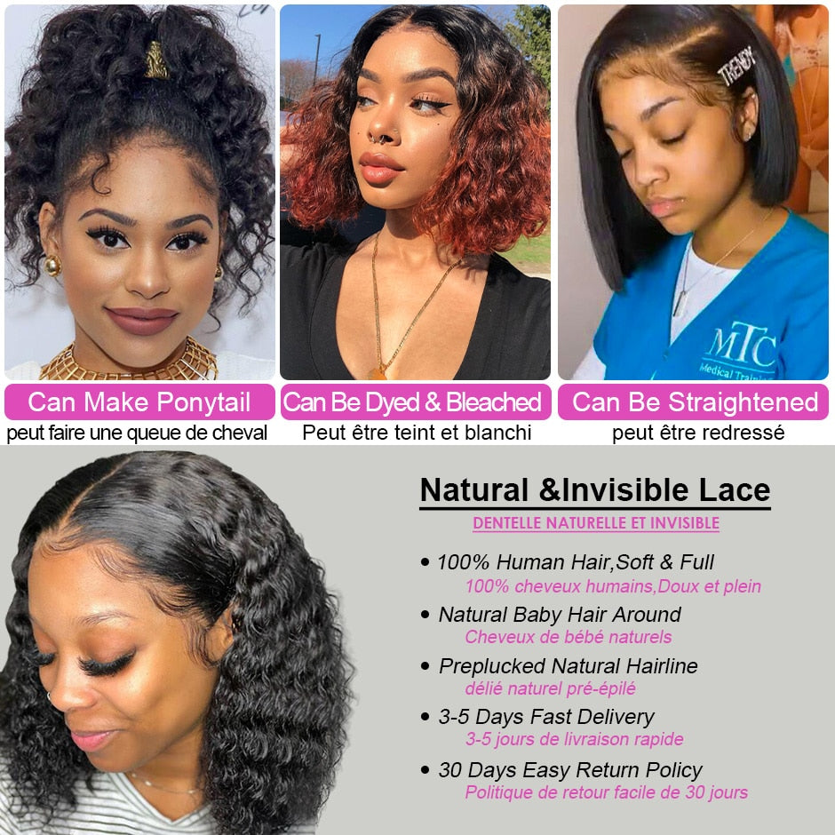 Brazilian Deep Wave Human Hair Bob Closure Wig Natural Hairline SVT