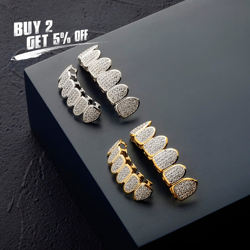 JINAO Gold Silver-Plated Hip Hop Teeth Grill All Iced Out CZ Stone