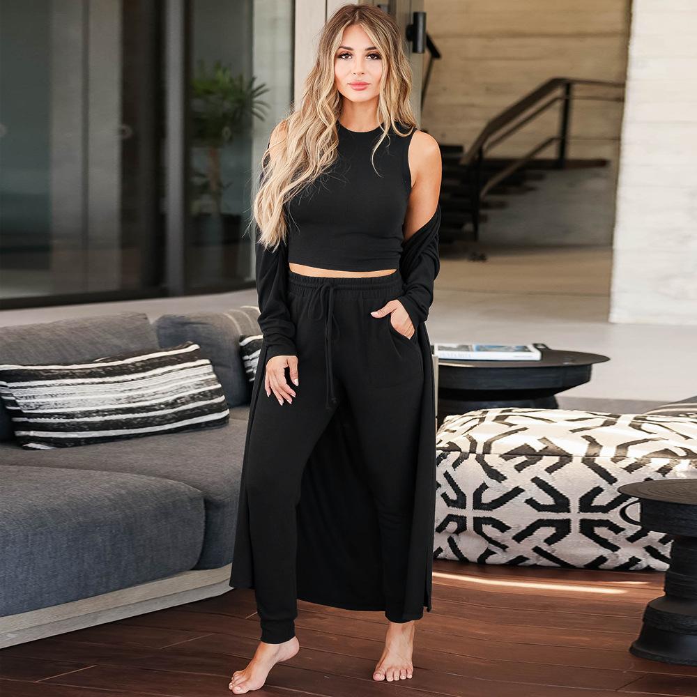 Women's 3 Piece Outfit Sweatsuit Open Front Cardigan Crop Tank Tops