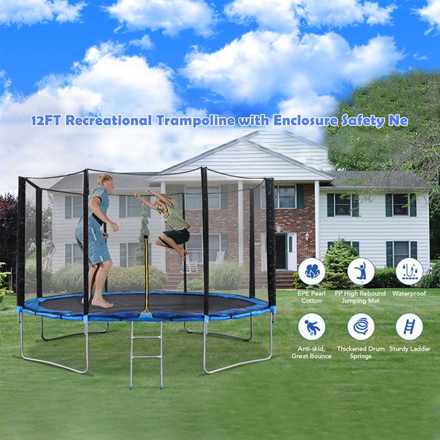 12 FT Kids Trampoline With Enclosure Net Jumping Mat And Spring Cover Padding
