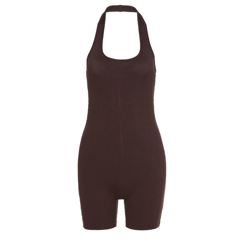 Pure Color Sexy Halter Short Sports Jumpsuit