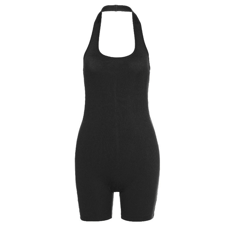Pure Color Sexy Halter Short Sports Jumpsuit