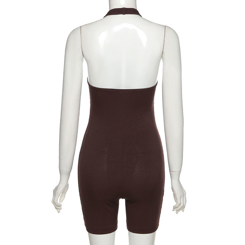 Pure Color Sexy Halter Short Sports Jumpsuit