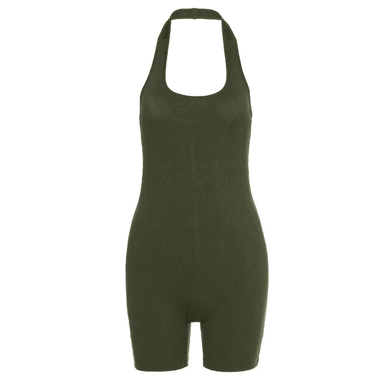 Pure Color Sexy Halter Short Sports Jumpsuit