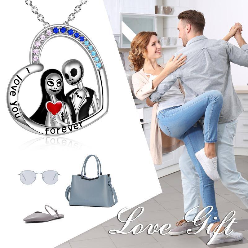 Nightmare Before Christmas Jewelry for Women Sterling Silver Jack Skellington and Sally Heart Pendant Necklace