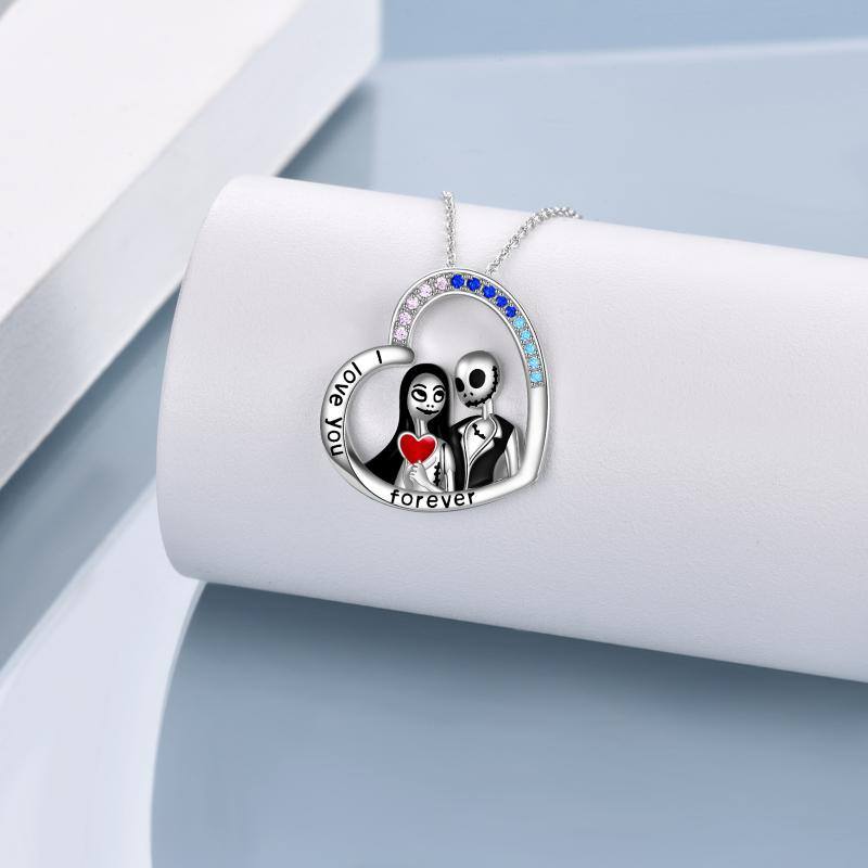 Nightmare Before Christmas Jewelry for Women Sterling Silver Jack Skellington and Sally Heart Pendant Necklace