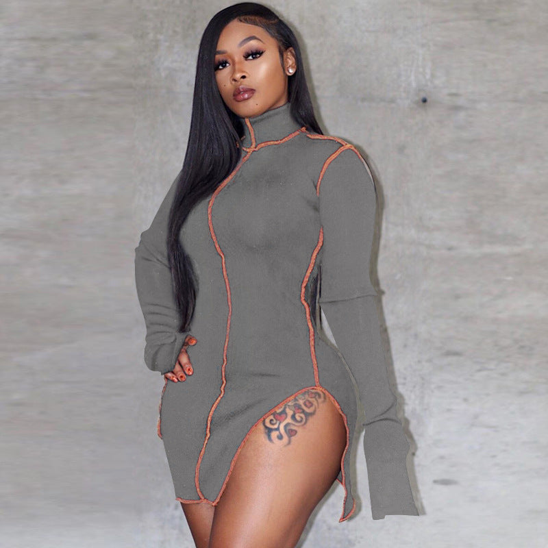 High neck split stitching dress