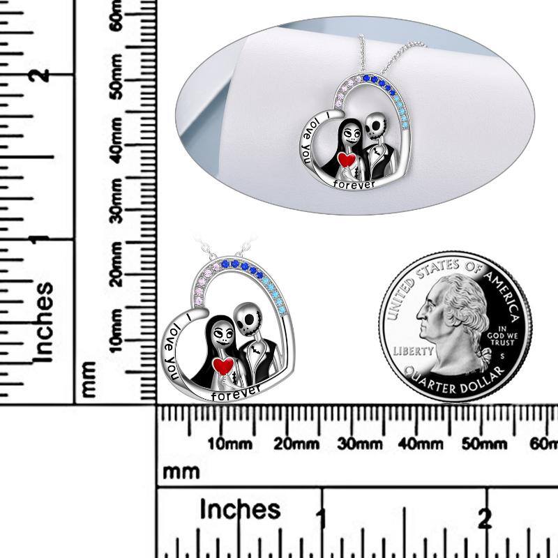 Nightmare Before Christmas Jewelry for Women Sterling Silver Jack Skellington and Sally Heart Pendant Necklace