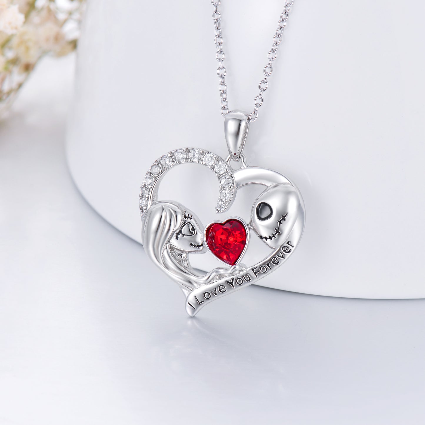 Nightmare Before Christmas Necklace Sterling Silver I Love You Forever Jack Skellington and Sally Love Heart Pendant Necklace