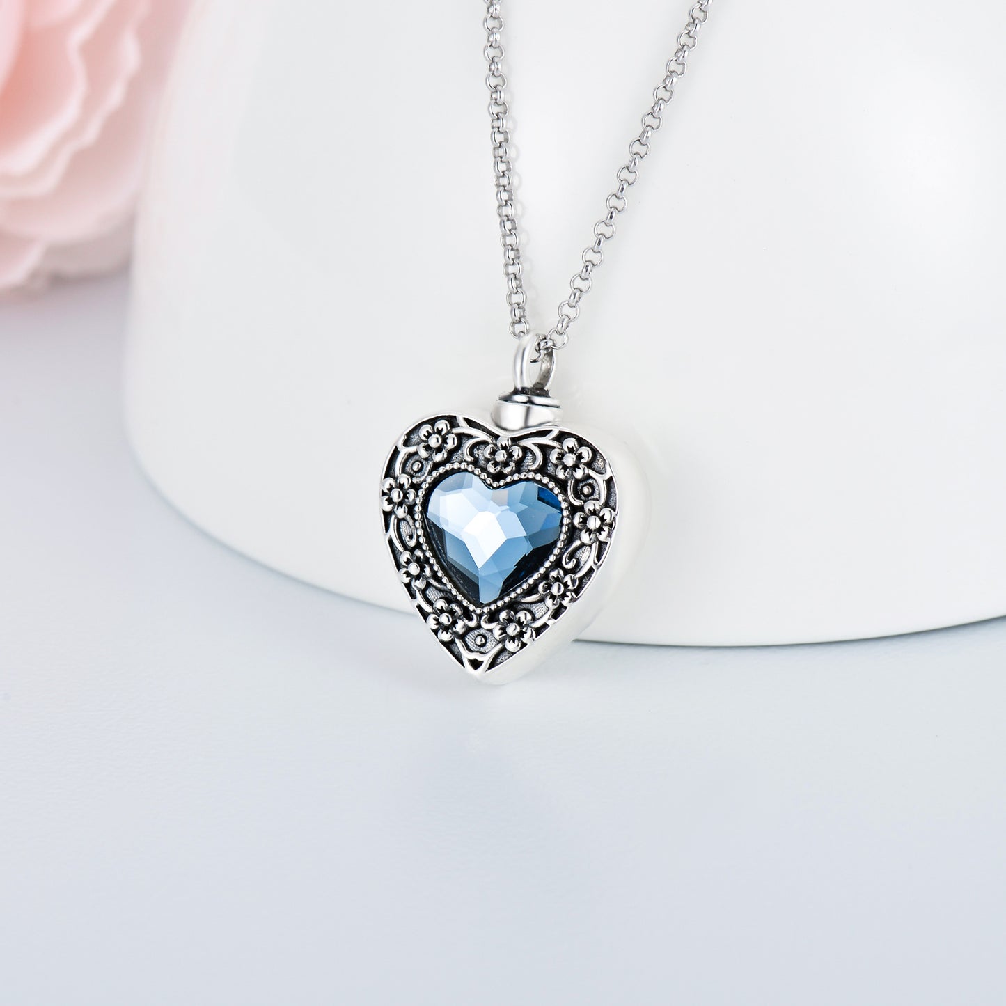 Sterling Silver Flower Urn Memorial Keepsake Cremation Always in My Heart Necklace for Ashes