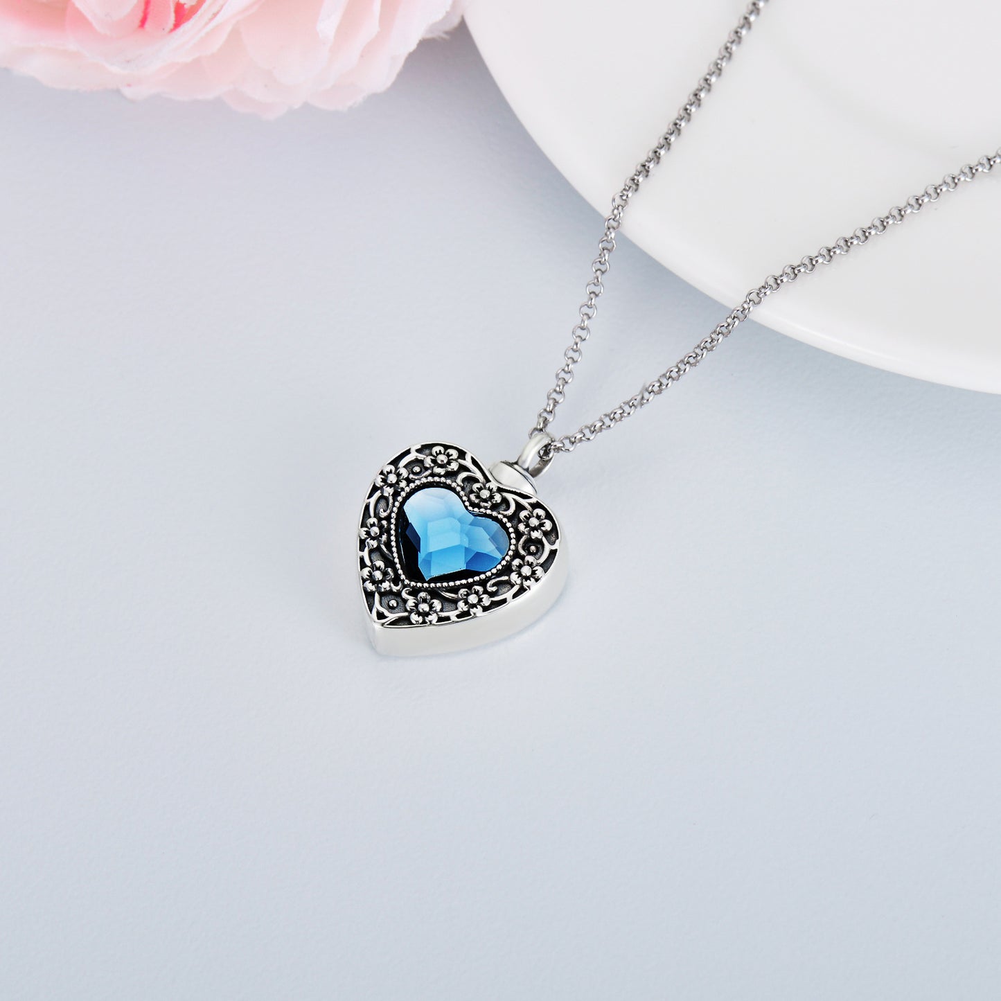 Sterling Silver Flower Urn Memorial Keepsake Cremation Always in My Heart Necklace for Ashes