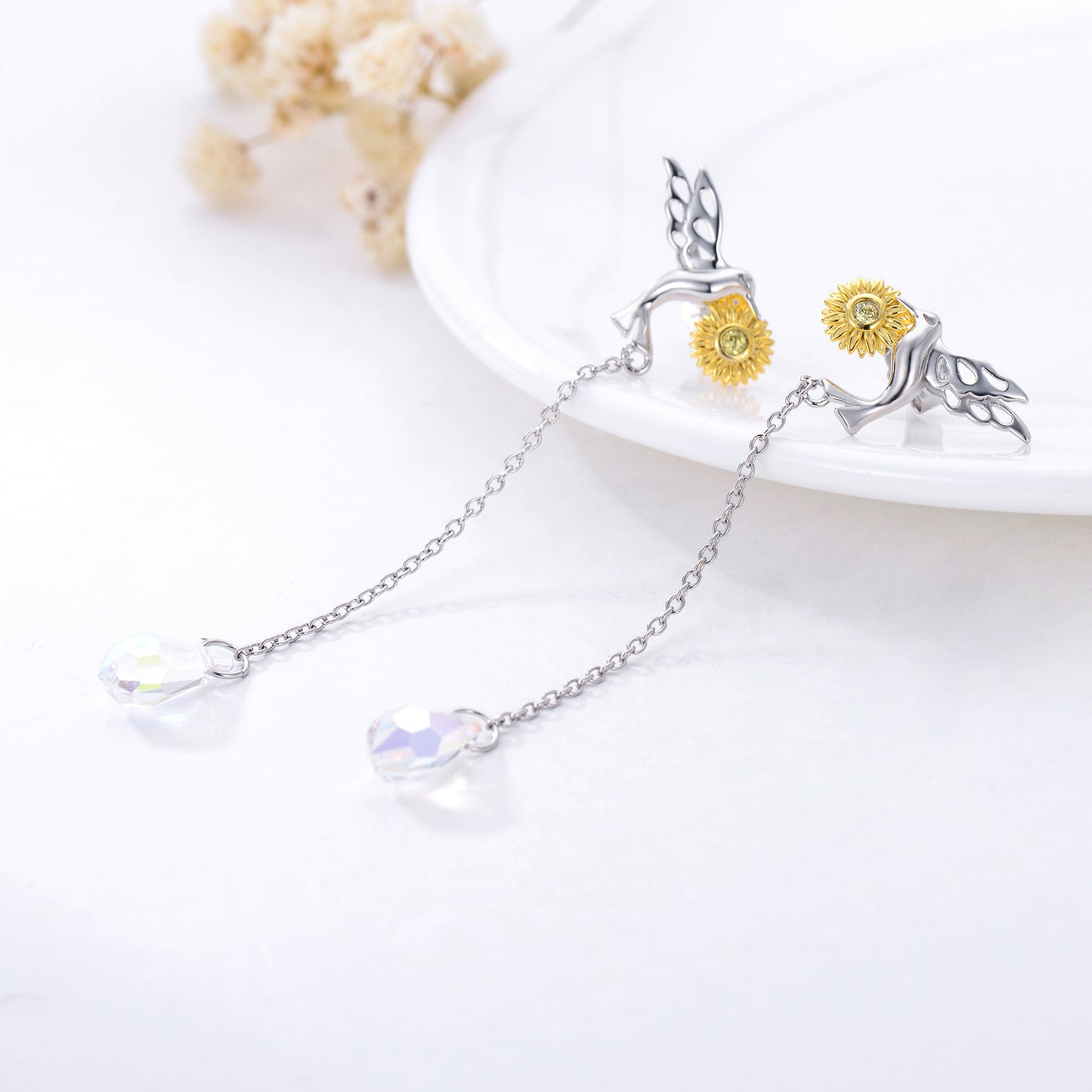 Daisy Hummingbird Earrings Sterling Silver Bird Dangle Earrings for Women Girls Gifts
