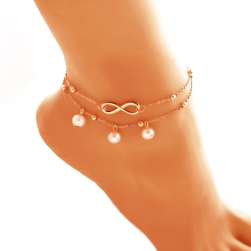 Women's Alloy Anklet With 8-shaped Double-layer Pearls