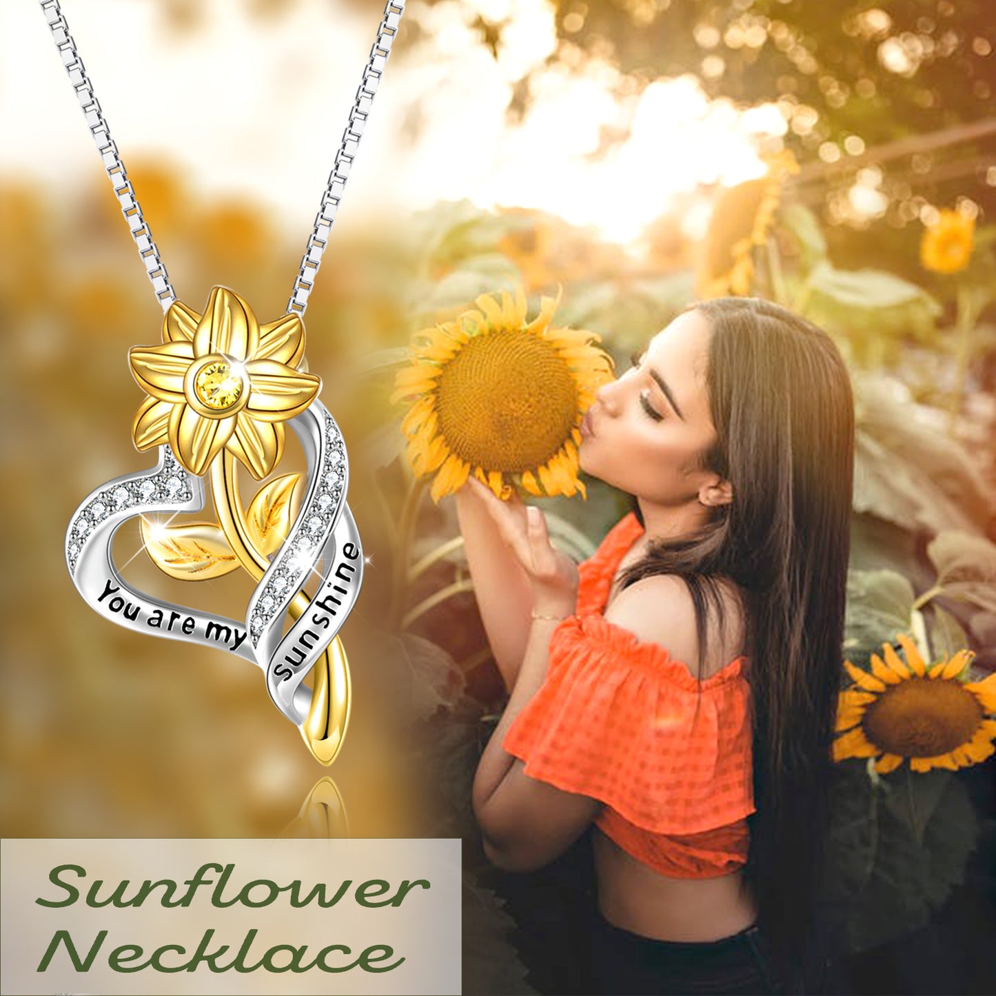 Sterling Silver Gold Sunflower Heart Pendant You are My Sunshine
