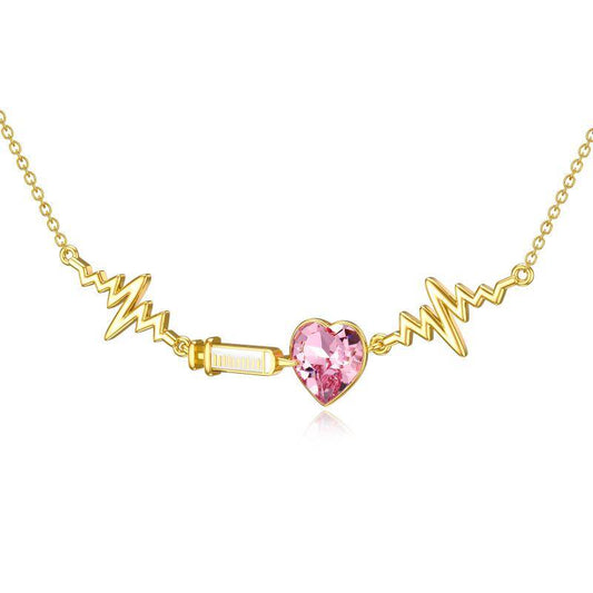 Nurse Syringe Necklace Sterling Silver 14K Gold Plated Syringe Pandent with Pink Heart Crytstal Doctor Nurse Gifts for Women Medical Student