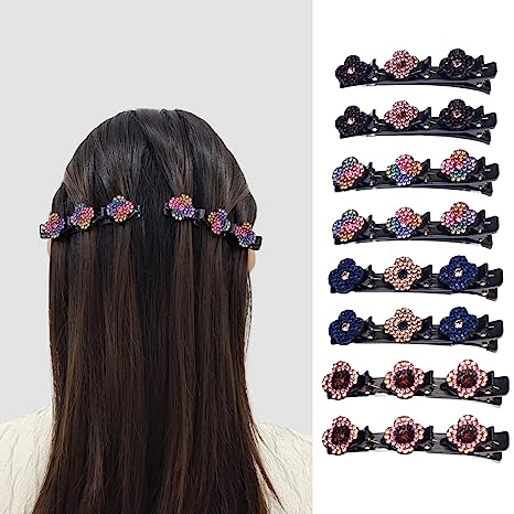 8PCS Sparkling Crystal Stone Braided Hair Clips Four-Leaf Clover Chopped Hairpin Duckbill Clip With 3 Small Clips On Top Hair Accessories Clips For Women Girls