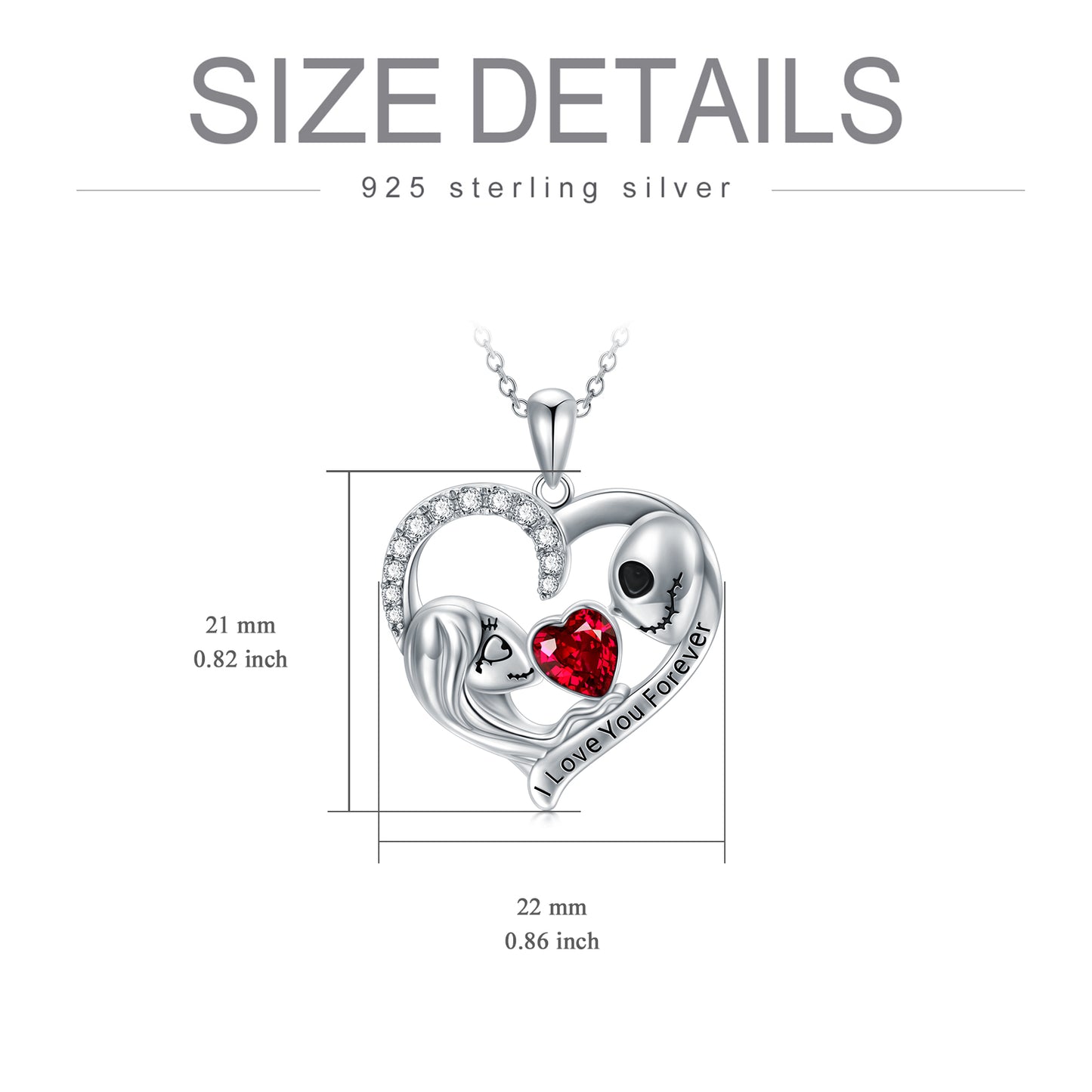 Nightmare Before Christmas Necklace Sterling Silver I Love You Forever Jack Skellington and Sally Love Heart Pendant Necklace