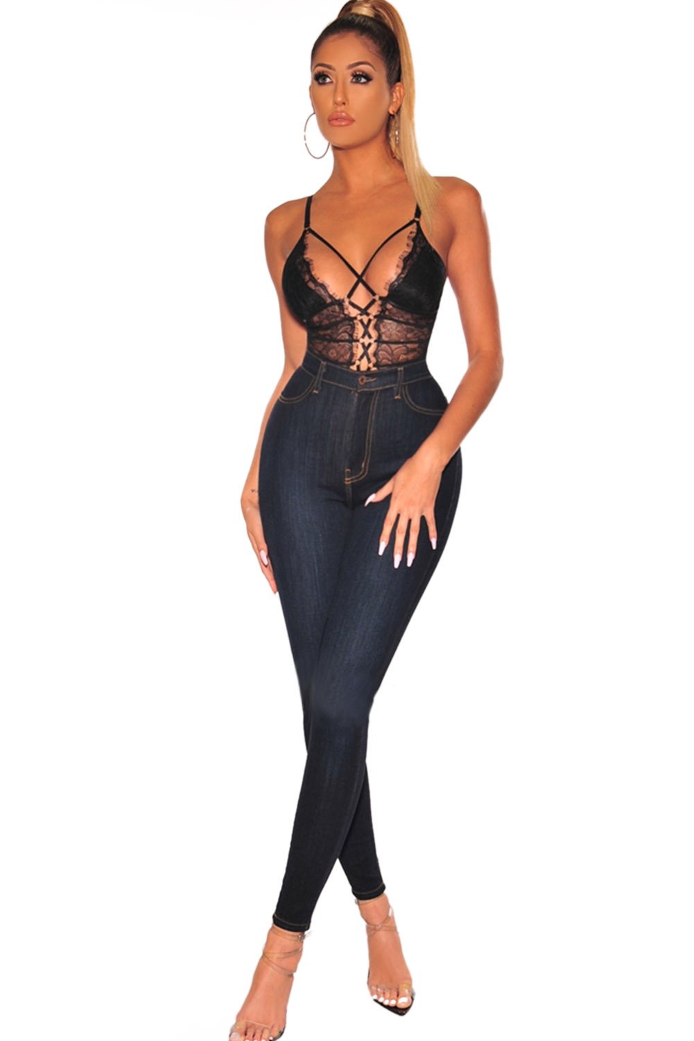 Black Sheer Lace up Sexy Spaghetti Straps Bodysuit
