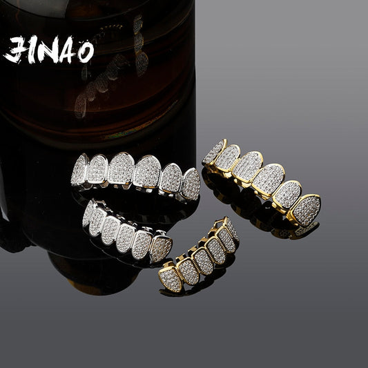 JINAO Gold Silver-Plated Hip Hop Teeth Grill All Iced Out CZ Stone