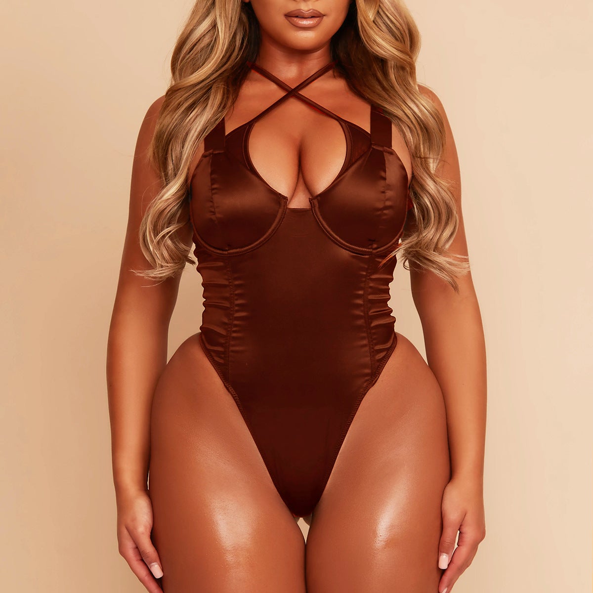Satin Mesh Bodysuit Patchwork Cut out Top Bodycon Pads Underwire