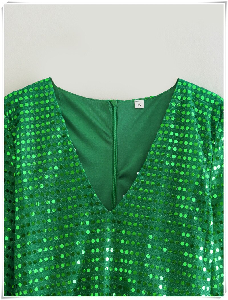 Solid Green Sequined Skinny Playsuit Women Fashion Spring Long Sleeve