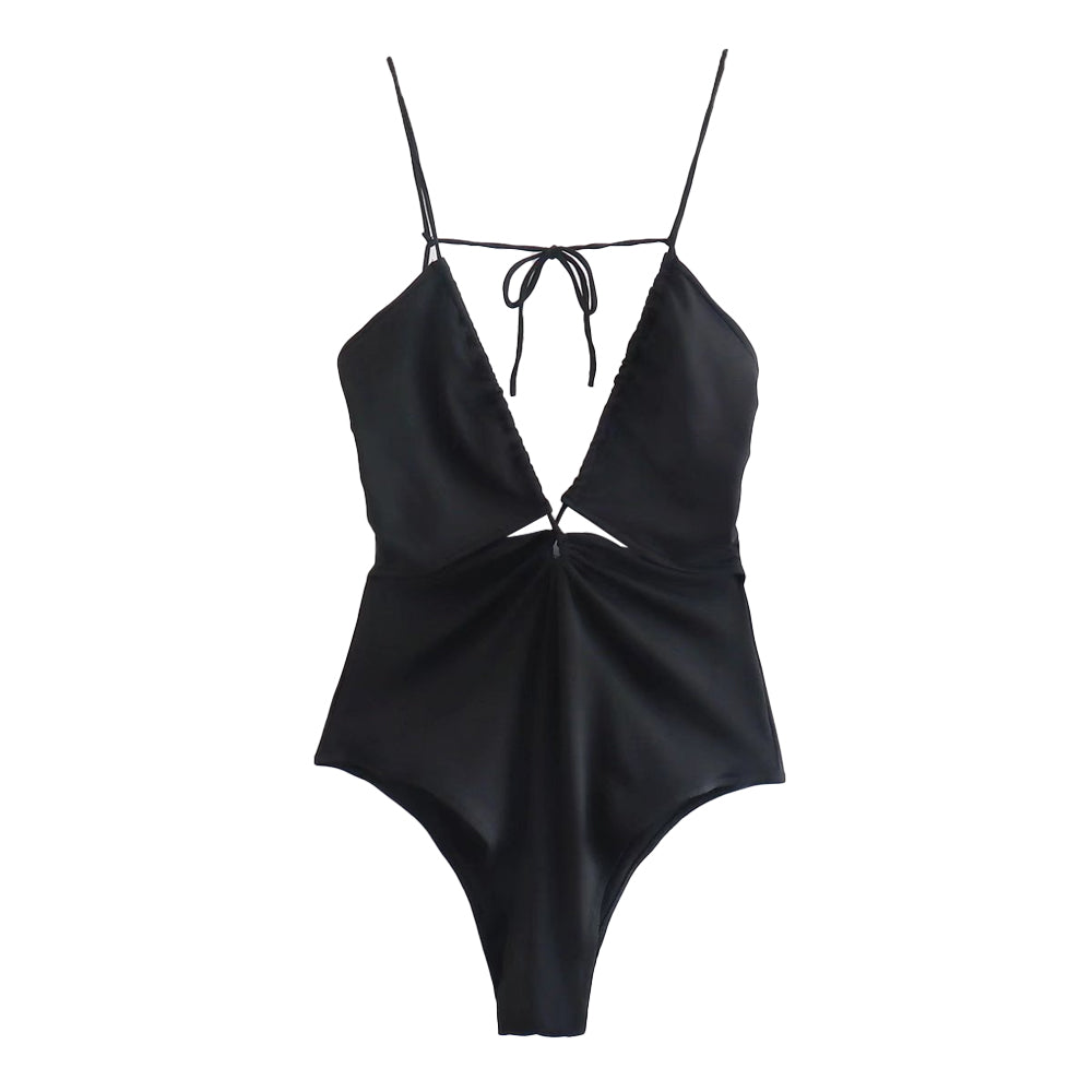 Hollow Out Fitted Bodysuits Vintage Backless Tied Thin Straps