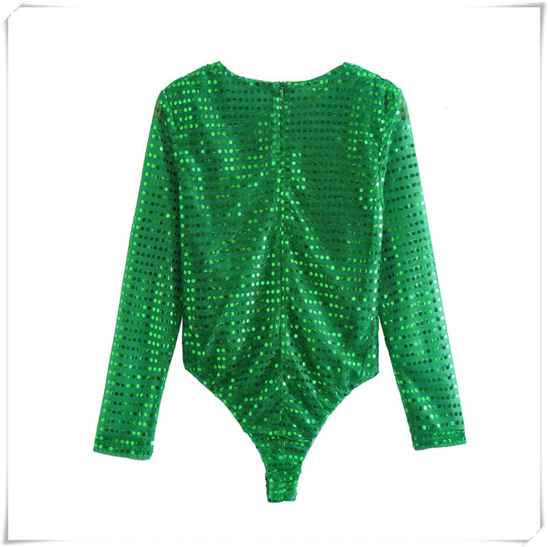 Solid Green Sequined Skinny Playsuit Women Fashion Spring Long Sleeve