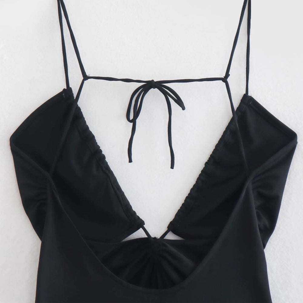 Hollow Out Fitted Bodysuits Vintage Backless Tied Thin Straps