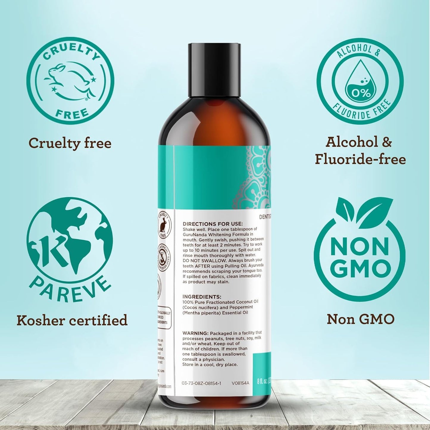 GuruNanda Coconut & Peppermint Oil Pulling  With Tongue Scraper - Alcohol Free Mouthwash For Fresh Breath, White Teeth & Healthy Teeth & Gums
