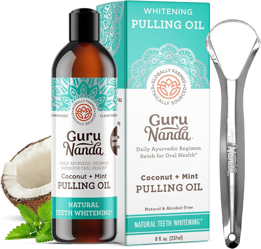 GuruNanda Coconut & Peppermint Oil Pulling  With Tongue Scraper - Alcohol Free Mouthwash For Fresh Breath, White Teeth & Healthy Teeth & Gums