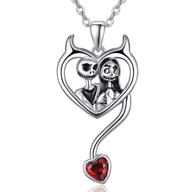 Nightmare Before Christmas Necklace Sterling Silver Jack Skellington & Sally Heart Pendant Necklace Devil Jewelry Gift for Women Men Couple