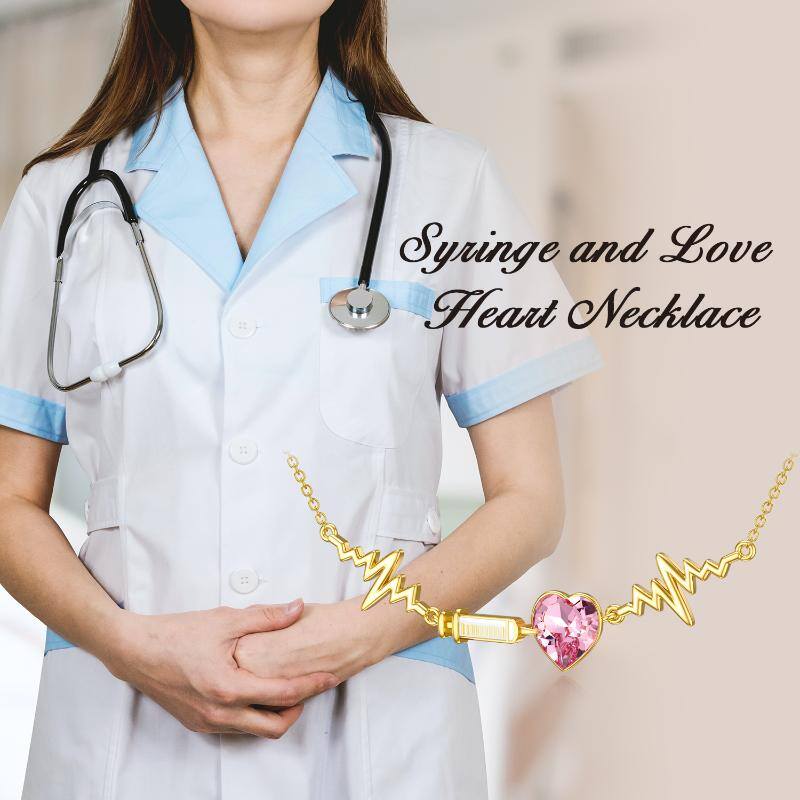 Nurse Syringe Necklace Sterling Silver 14K Gold Plated Syringe Pandent with Pink Heart Crytstal Doctor Nurse Gifts for Women Medical Student