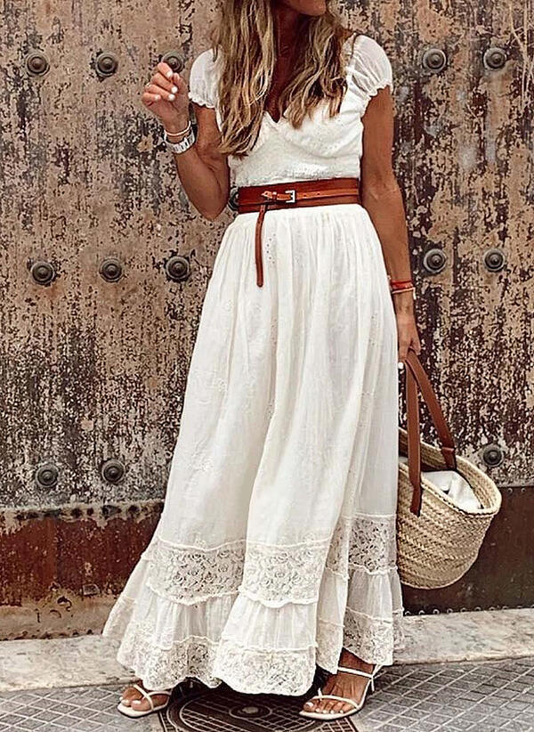 Women's Long Lace Stitching Elegant Dress Long Skirt