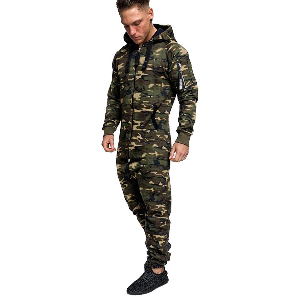 Fashion Men's Hooded Fleece Camouflage Jumpsuit