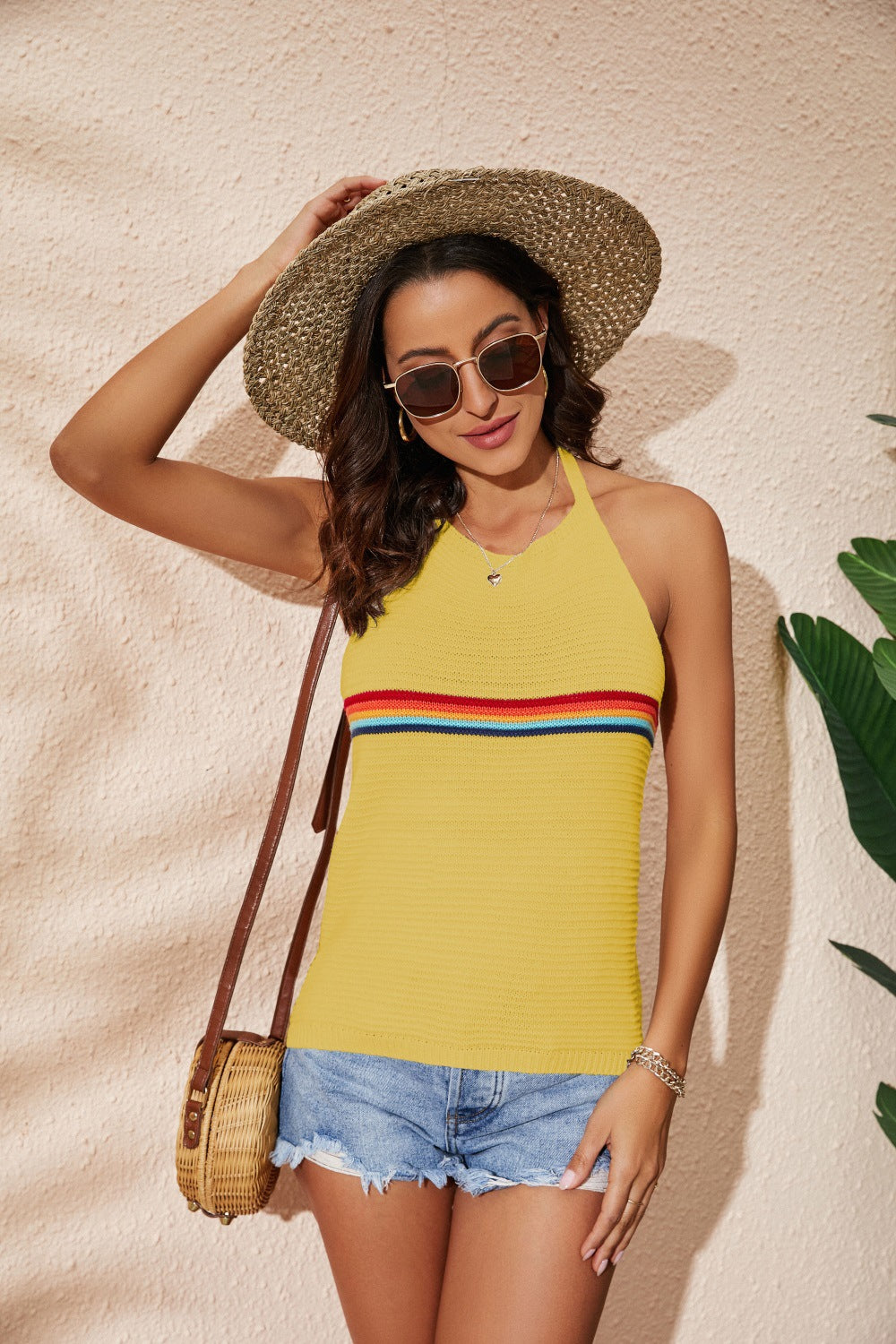 Women's Clothing Rainbow Color-blocking Halter Top Fashion Backless Knitted Lace-up Vest