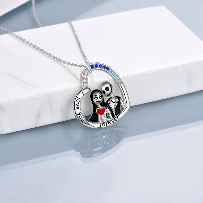 Nightmare Before Christmas Jewelry for Women Sterling Silver Jack Skellington and Sally Heart Pendant Necklace