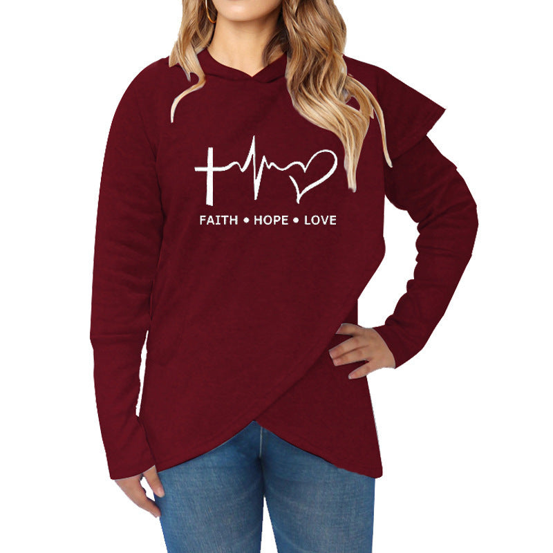 Autumn Winter Women Hoodies Sweatshirts Casual Plus Size Faith Printed Hooded Sweatshirt
