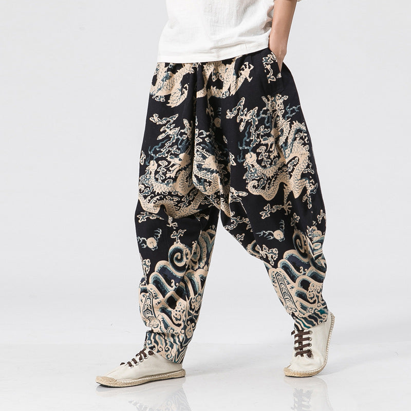 Men Fashion Hip Hop Cross Pants Male Harem Pants Dragon Print Pattern Elastic Waist Punk Loose Length Trousers Casual Cool