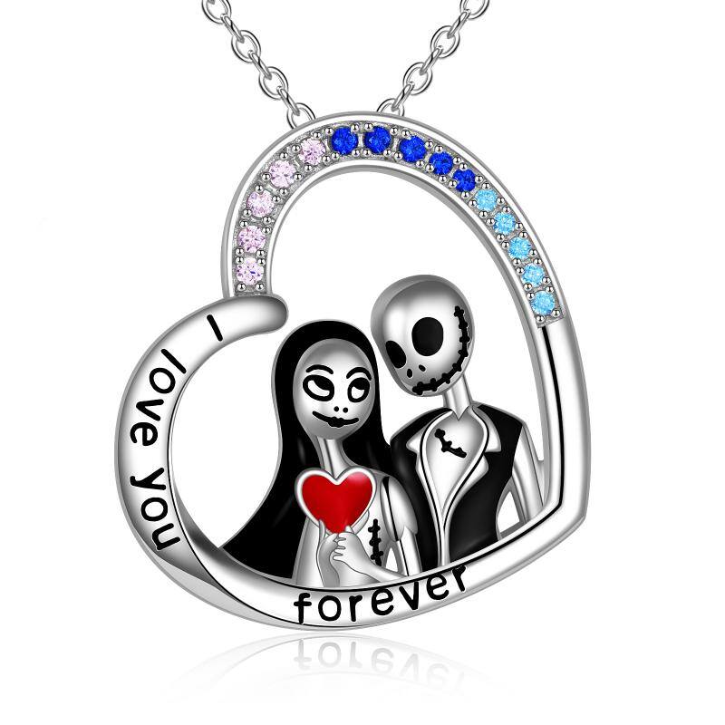 Nightmare Before Christmas Jewelry for Women Sterling Silver Jack Skellington and Sally Heart Pendant Necklace