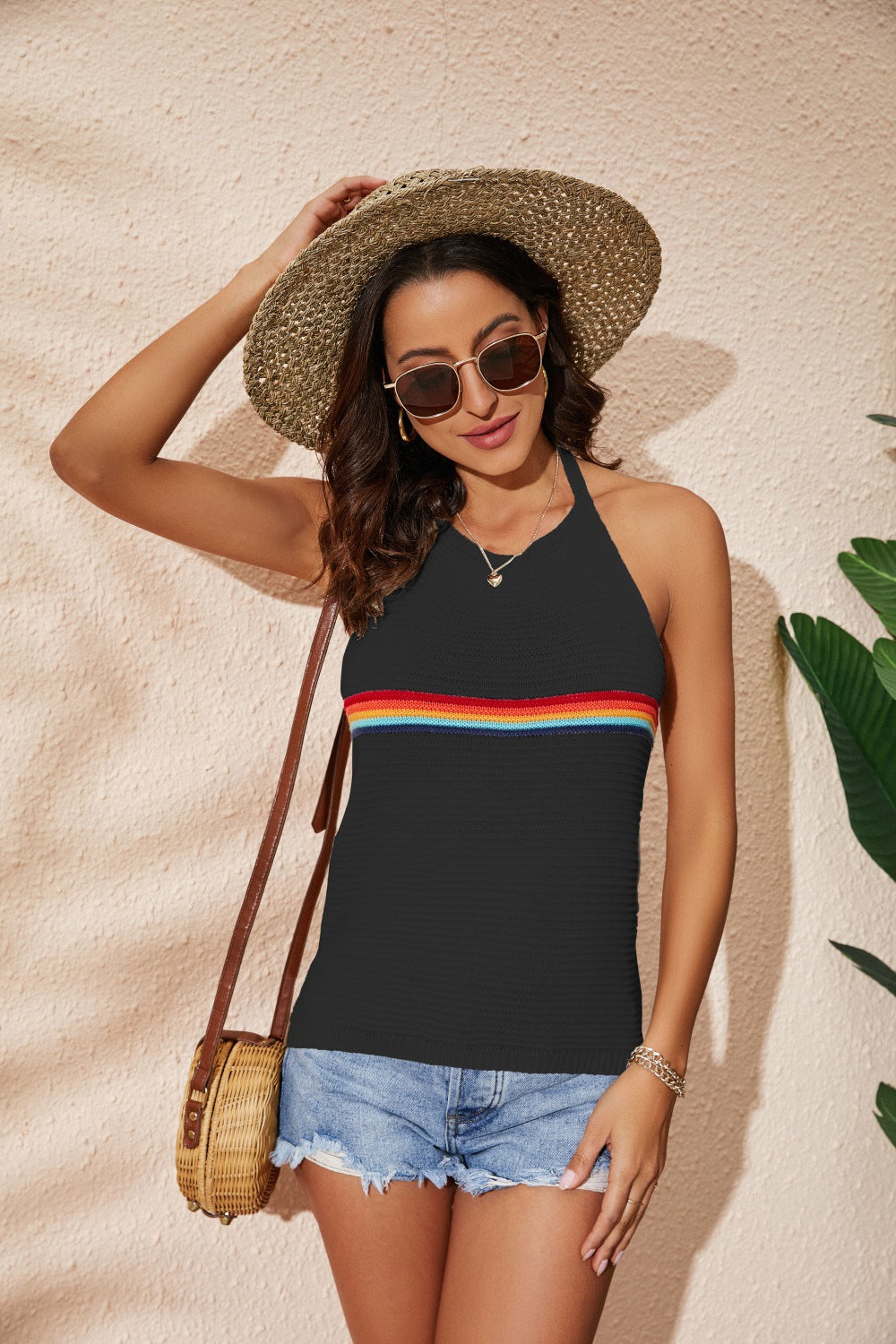 Women's Clothing Rainbow Color-blocking Halter Top Fashion Backless Knitted Lace-up Vest