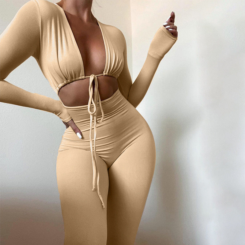 Solid Color Sexy Lace-up Hollow Long-sleeved Skinny Jumpsuit